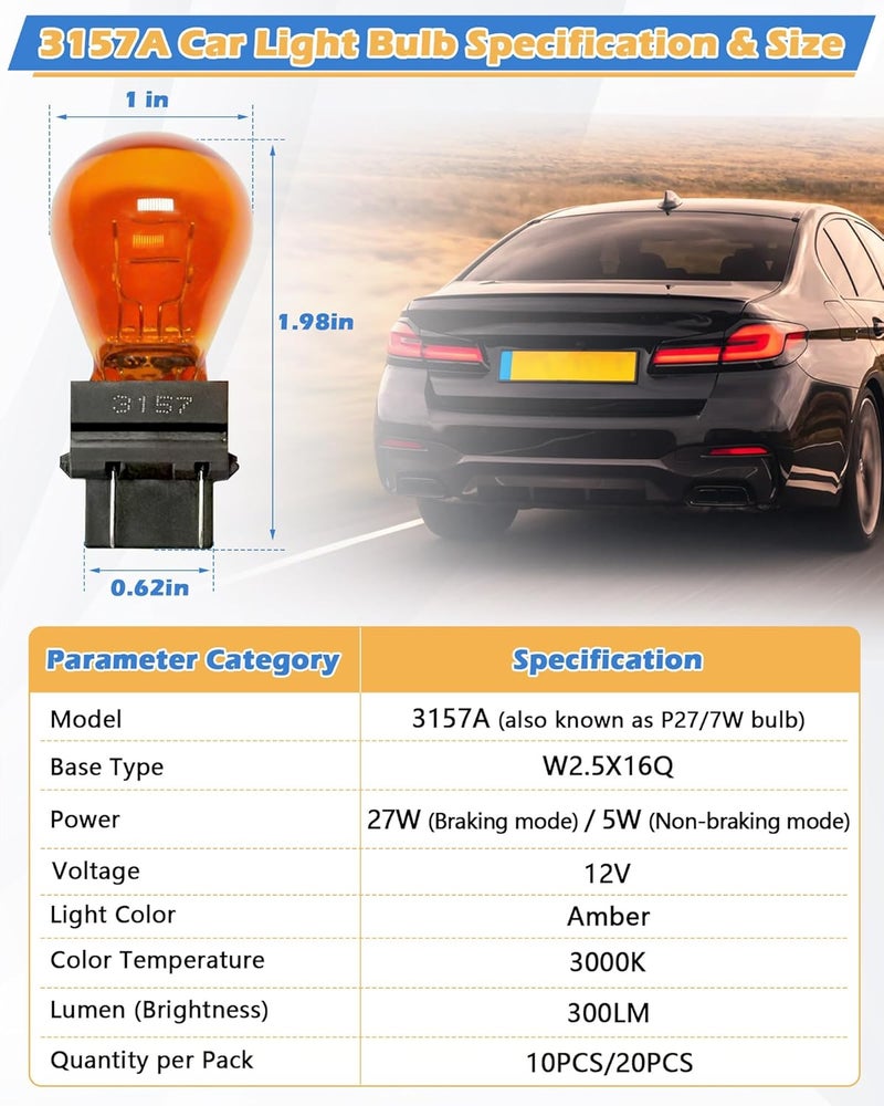 IWIWE 3157A (Amber) Auto Light Bulb 10 Pack – Compatible with 3047/3057/3157LL/3157K/3457/3757/4057/4157, for Cars/Trucks/SUVs (Brake/Tail/Side Marker/Turn Signal Lights) - Image 2
